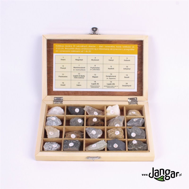 A collection of 20 rocks and minerals in a lockable wooden box