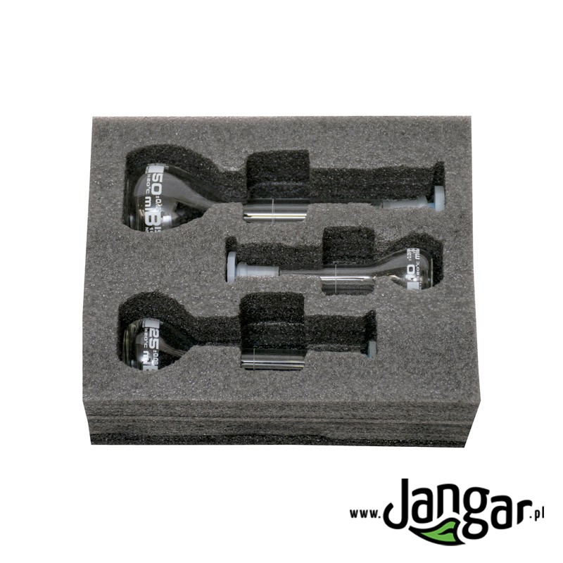 A set in foam: 3 boro measuring flasks (10,25,50 ml)