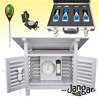 Weather station, wooden, house-type with environmental elements meters