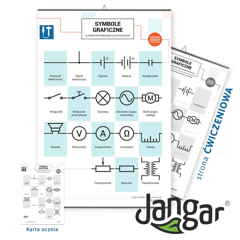 Double-sided board: Graphic symbols of electrical circuit elements/practice page, + checking cards for the student