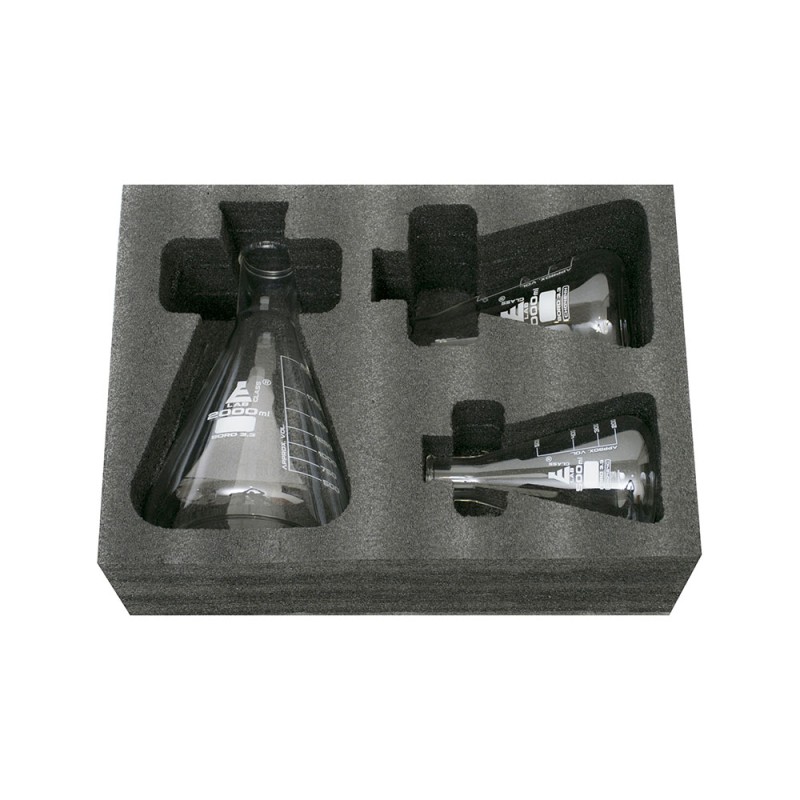 A set in foam: 3 boro conical flasks (500,1000,2000 ml)