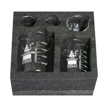 Foam-Padded Set: 5 Borosilicate Glass Beakers (50 ml, 100 ml, 250 ml, 600 ml, 1000 ml)