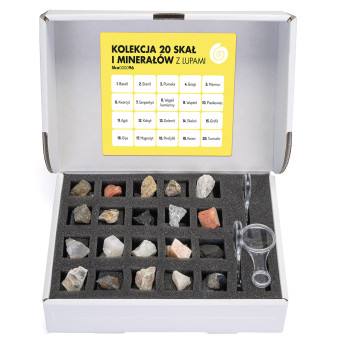Collection of 20 rocks and minerals with magnifying glasses