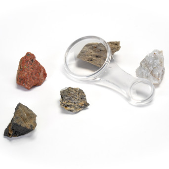 Collection of 20 rocks and minerals with magnifying glasses