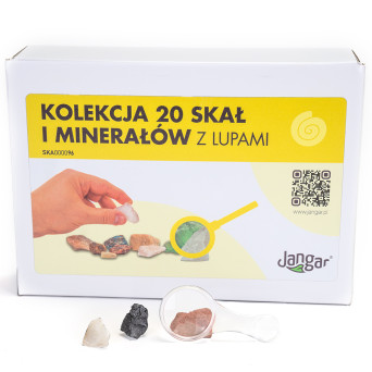 Collection of 20 rocks and minerals with magnifying glasses