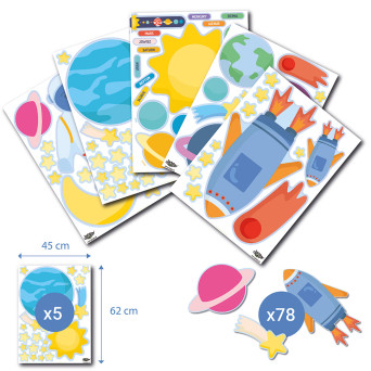Space – Durable Wall Stickers, 78 pcs., 5 Sheets, 45 × 62 cm